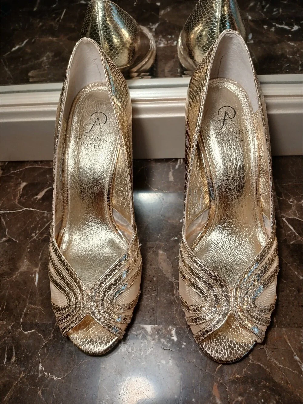 Adrianna Papell Gold Metallic Snake-Texture Peep-Toe Heels